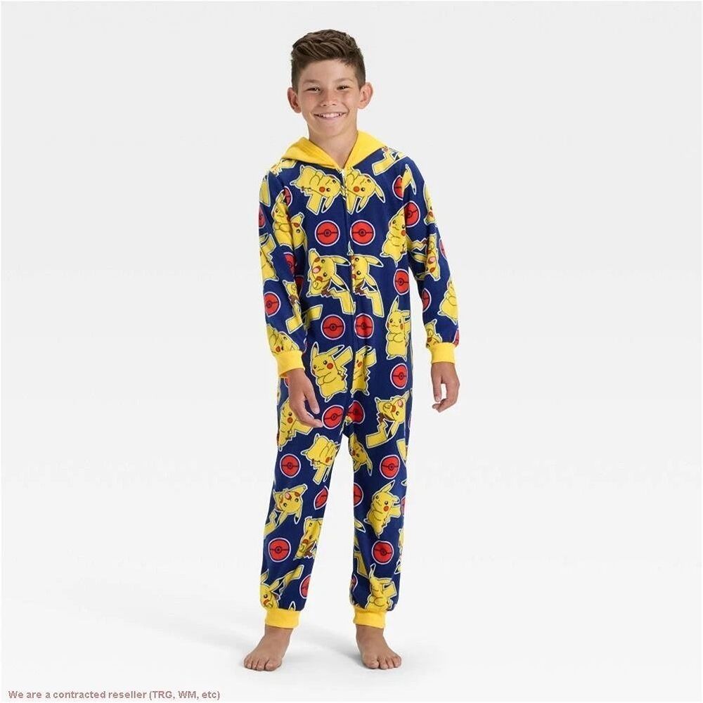 Pokémon Pikachu Hooded Fleece Union Suit One Pc Pajamas - Boys SMALL - NEW
